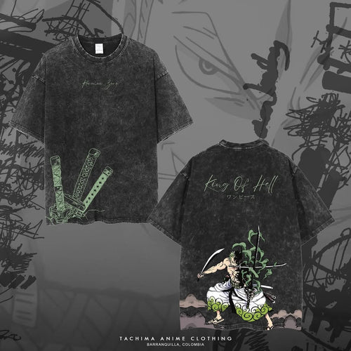 Camiseta Zoro: King of Hell (acid wash) de One Piece, color acid wash negro