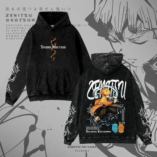 Hoodie Zenitsu Agatsuma: Acid wash de Kimetsu no Yaiba, color acid wash negro