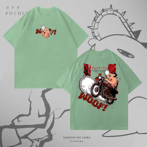 Camiseta Pochita: WOOF!! de Chainsaw Man, color verde invierno